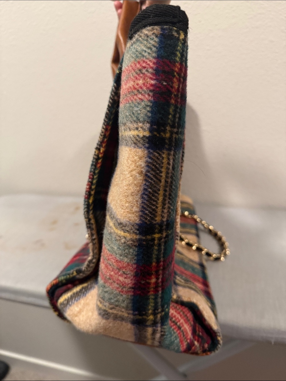 Plaid Wool Tote with Tan Leather Trim and Chain Handles - Picture 4 of 5